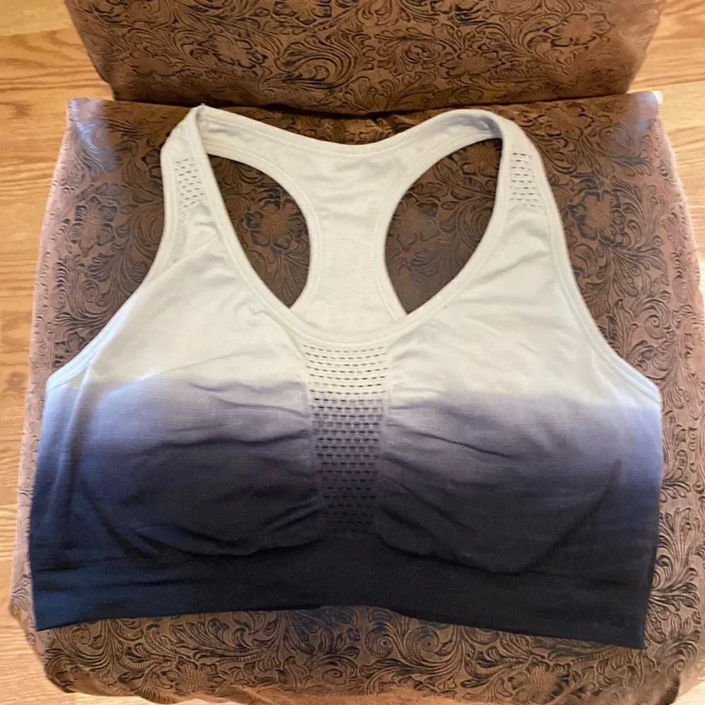 Dipdyed/ombré gray and blue racer back sports bra